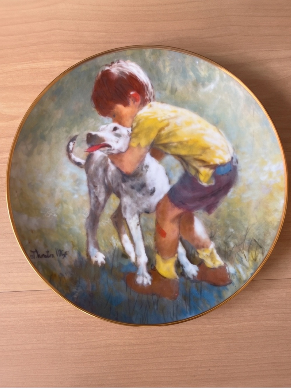 Knowles Decorative Plate Featuring Boy Hugging Dog in Yellow, Brown and White
